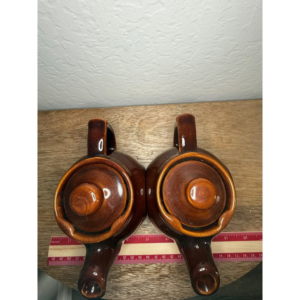 Vintage 1950s Brown Drip Glaze Personal Tea Pots With Lids - Set Of 2 - Made In